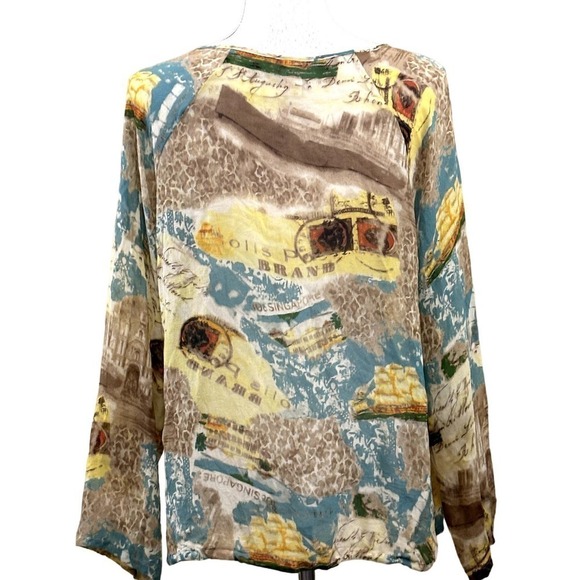 Couture by Cabernet yellow/tan/blue silk tunic, large, tropical, beach, holiday - Picture 3 of 5